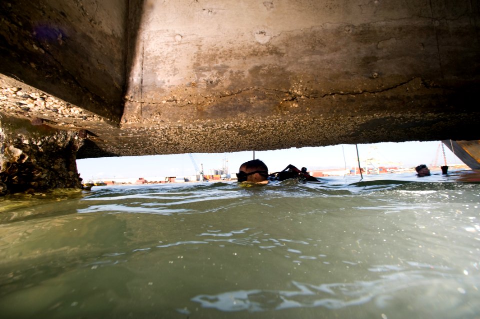 US Navy 100118-N-1134L-046 rmy Diver Sgt. Brent Byrle, assigned to the 544th Engineer Dive Team, conducts underwater pier inspections in Port-au-Prince, Haiti