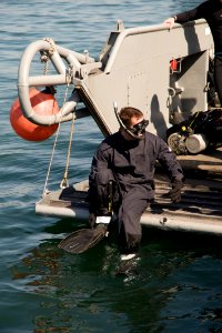 US Navy 100118-N-1134L-270 Army Diver Sgt. Brent Byrle, assigned to the 544th Engineer Dive Team, conducts underwater pier inspections