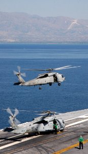US Navy 100118-N-8822R-019 An SH-60F Sea Hawk helicopter assigned to Helicopter Anti-Submarine Squadron (HS) 11 lands aboard the Nimitz-class aircraft carrier USS Carl Vinson (CVN 70)
