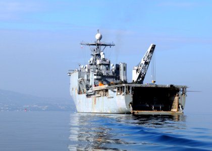 US Navy 100119-N-6676S-001 The amphibious dock landing ship USS Gunston Hall (LSD 44) is anchored near the Killick Haitian Coast Guard Base