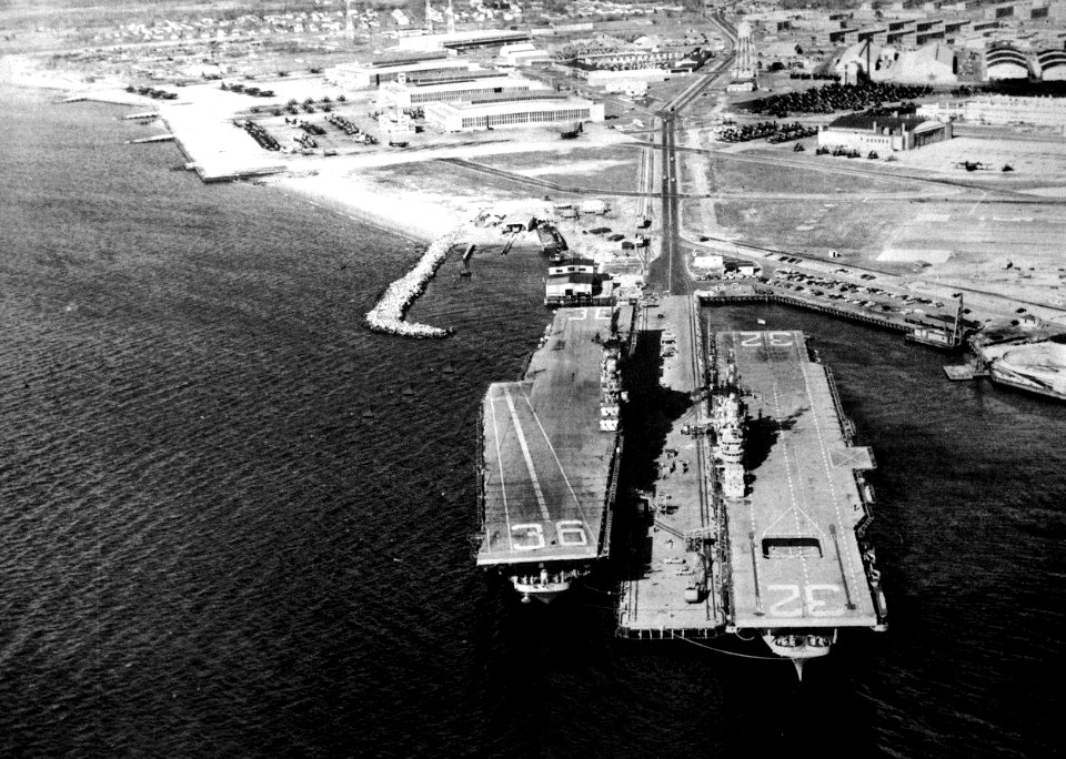 USS Antietam (CVS-36) and USS Leyte (CVS-32) at NAS Quonset Point c1954
