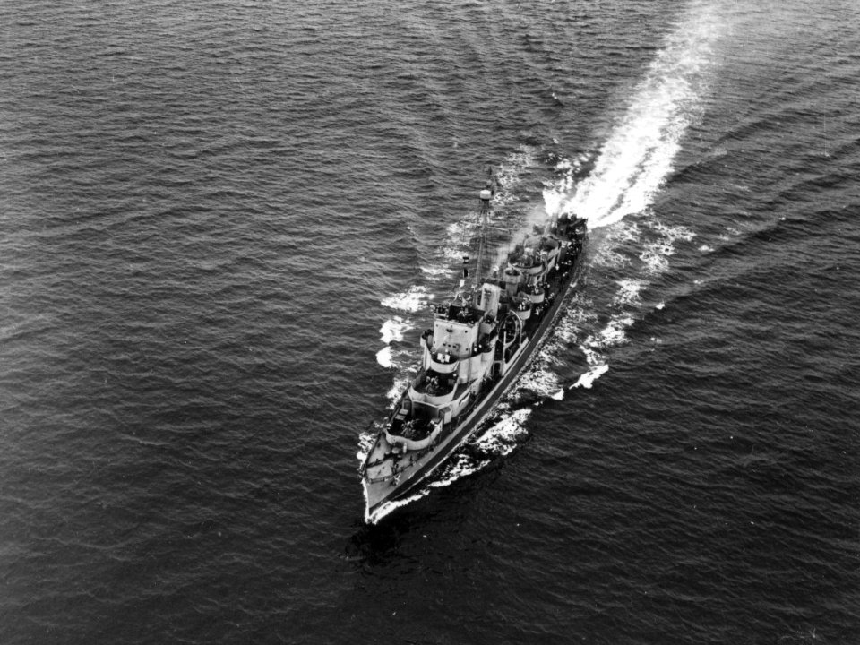 USS Andres (DE-45) underway at sea on 12 July 1944 (80-G-238916)