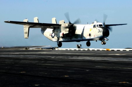 US Navy 100120-N-3038W-345 A C-2A Greyhound assigned to the Providers of Carrier Logistics Support Squadron (VRC) 30 launches from the aircraft carrier USS Nimitz (CVN 68)