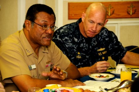 US Navy 100121-N-7498L-107 Vice Adm. D.C. Curtis, commander of Naval Surface Forces, held a round-table discussion over breakfast aboard the guided-missile cruiser USS Port Royal (CG 73) photo