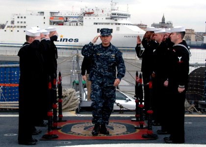 US Navy 100120-N-8288P-004 Vice Adm. Harry B. Harris Jr., commander of U.S. 6th Fleet, arrives aboard the amphibious command ship USS Ramage (DDG 61)