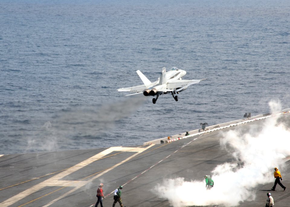 US Navy 100125-N-4236E-159 An F-A-18E Super Hornet assigned to the Wildcats of Strike Fighter Squadron (VFA) 131 catapults off the flight deck of the Nimitz-Class aircraft