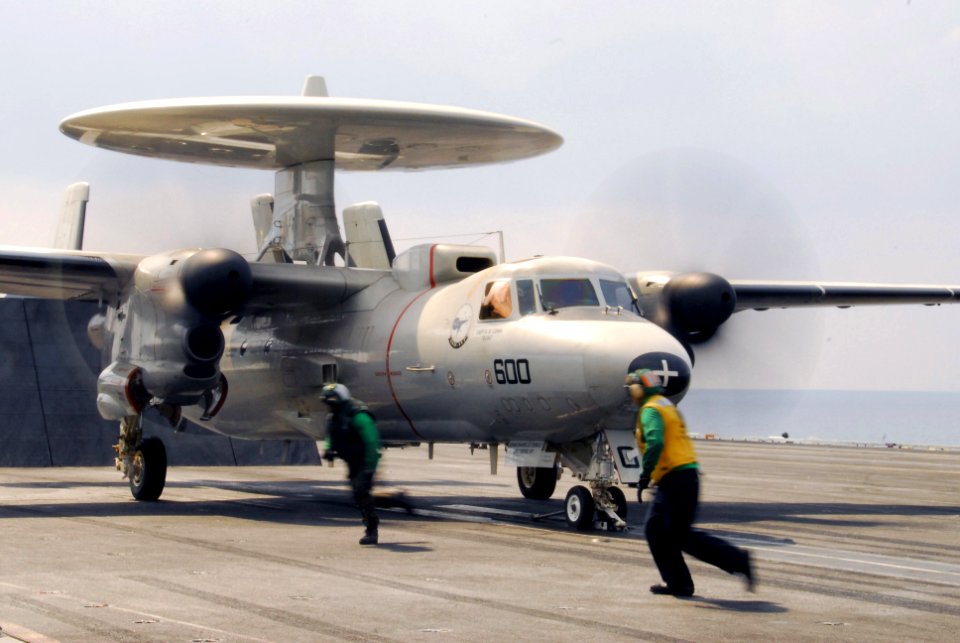 US Navy 100125-N-3327M-105 Flight deck personnel prepare to launch a E-2C Hawkeye aircraft assigned to Airborne Early Warning Squadron (VAW) 117