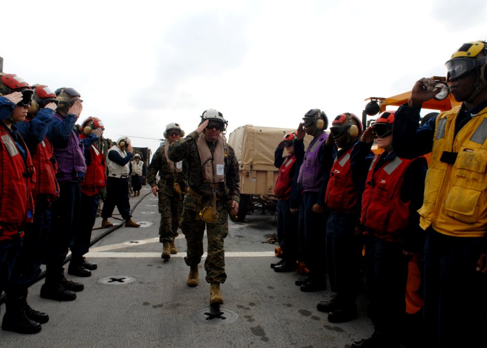 US Navy 100126-N-6692A-047 Sailors aboard the amphibious dock landing ship USS Harpers Ferry (LSD 49) render a salute to Col. Paul Damren, commander of the 31st Marine Expeditionary Unit (31st MEU)