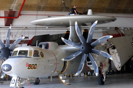 US Navy 100125-N-7456N-069 Petty Officer 1st Class Jason Edwards and Petty Officer 3rd Class Shah Mitesh conduct maintenance on the rotodome of an E-2C Hawkeye