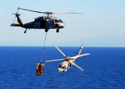 US Navy 100127-N-3165S-071 An MH-60S Sea Hawk helicopter transfers pallets of meals-ready-to-eat from USNS Sacagawea (T-AKE-2) to USS Bataan (LHD 5)