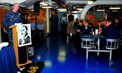 US Navy 100125-N-7939W-024 John W. Miller, commander of Carrier Strike Group (CSG) 11, addresses sailors during a celebration honoring the Rev. Dr. Martin Luther King Jr. aboard the aircraft carrier USS Nimitz (CVN 68)