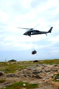 US Navy 100126-N-2953W-293 Sailors assigned to the Chargers of Helicopter Sea Combat Squadron (HSC) 26 embarked aboard the guided-missile cruiser USS Bunker Hill (CG 52) carries relief supplies from the non-profit organization