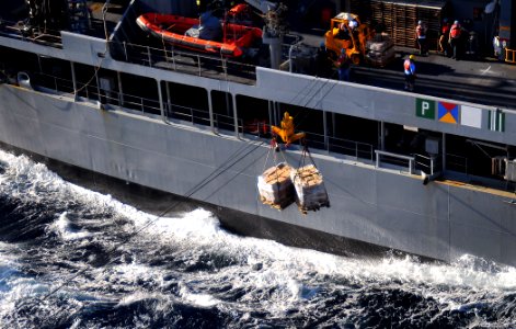 US Navy 100127-N-4774B-033 Pallets of supplies are transported from the fleet replenishment oiler USNS Big Horn (T-AO 198) to the Nimitz-class aircraft carrier USS Carl Vinson (CVN 70)