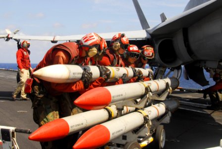 US Navy 100128-N-3327M-246 Sailors load ordnance onto an aircraft aboard USS Nimitz
