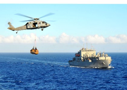 US Navy 100127-N-4774B-144 An MH-60S Seahawk helicopter transports supplies from the Military Sealift Command dry cargo and ammunition ship USNS Sacagawea (T-AKE 2)