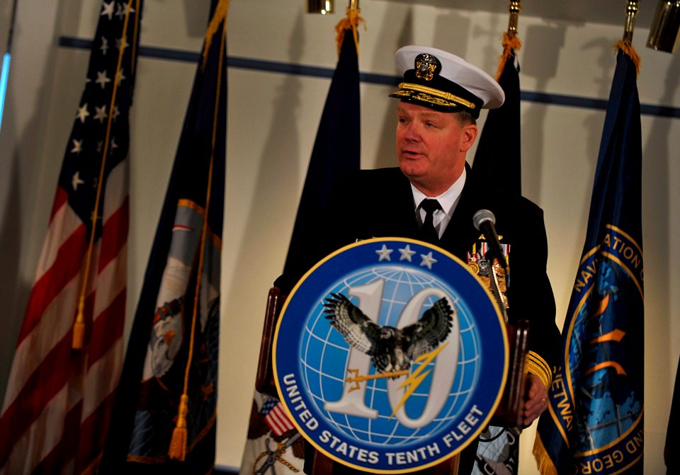 US Navy 100129-N-8273J-006 Vice Adm. Barry McCullough, commander, U.S. Fleet Cyber Command and Commander, U.S. 10 Fleet, speaks at a commissioning ceremony for U.S. Fleet Cyber Command at Ft. George G. Meade, Md