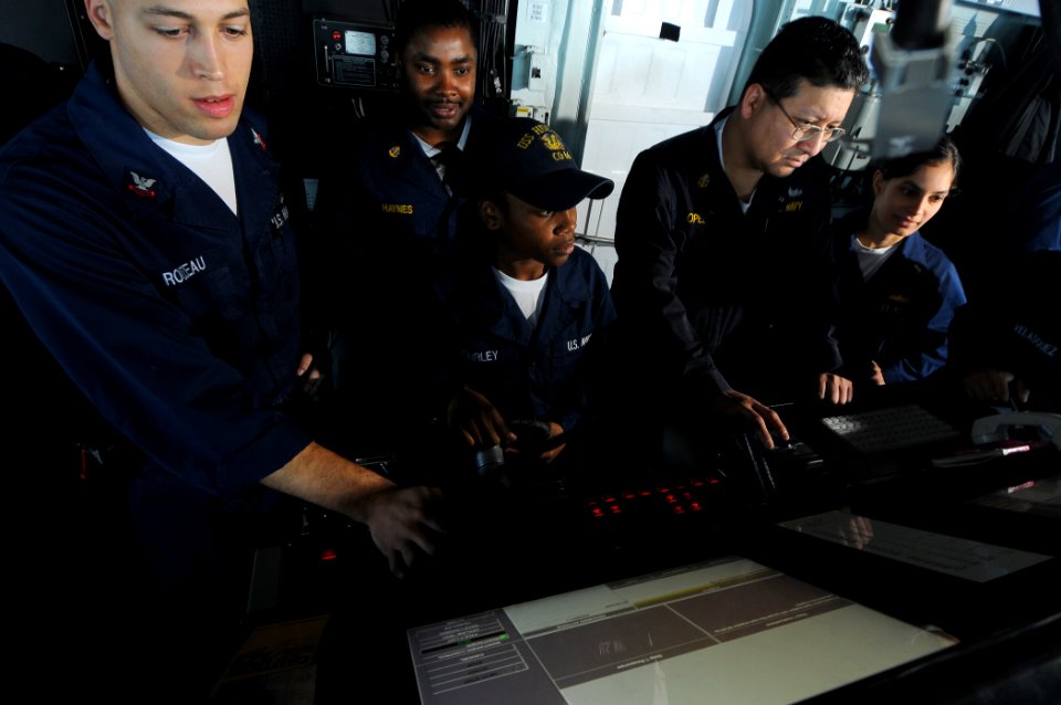 US Navy 100130-N-1688B-047 Electronics Technician 2nd Class Greg Rouzeau conducts maintenance the helm of the guided-missile cruiser USS Hue City (CG 66)
