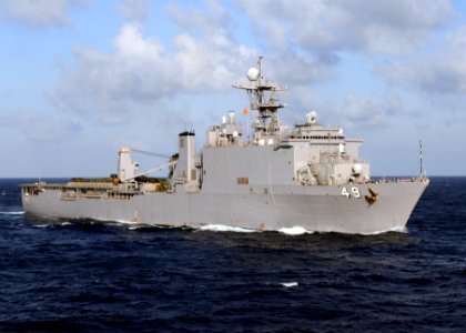 US Navy 100129-N-5538K-023 The amphibious dock landing ship USS Harpers Ferry (LSD-49) prepares for an underway replenishment with the Military Sealift Command fleet replenishment oiler USNS Tippecanoe (T-AO-199)