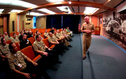 US Navy 100201-N-4482V-017 Rear Adm. Joseph Kilkenny, commander of Naval Education and Training Command, discusses how training affects the maritime strategy during an all-hands call