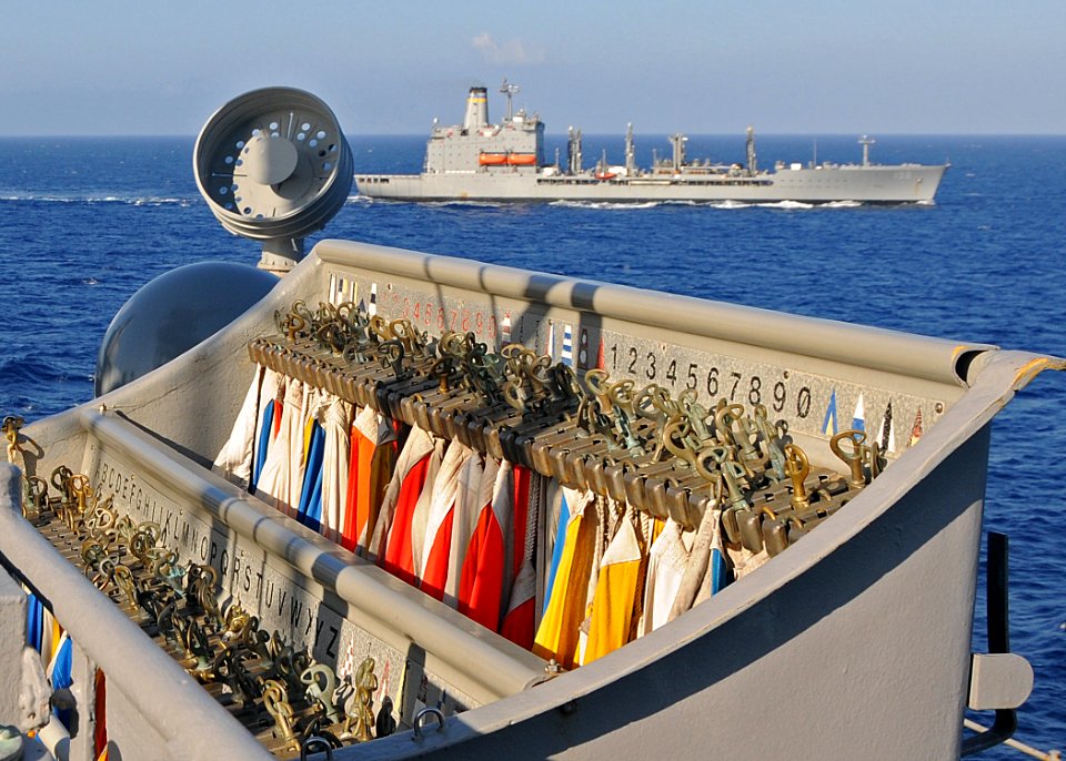US Navy 100201-N-1082Z-057 The Military Sealift Command fleet replenishment oiler USNS Big Horn (T-AO 198) gets underway after conducting a replenishment at sea with the amphibious dock landing ship USS Ashland (LSD 48)