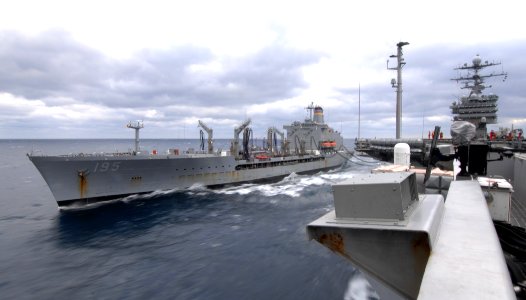 US Navy 100131-N-2858S-219 he Military Sealift Command fleet replenishment oiler USNS Leroy Grumman (T-AO 195) connects with the Nimitz-Class aircraft carrier USS Harry S. Truman (CVN 75)