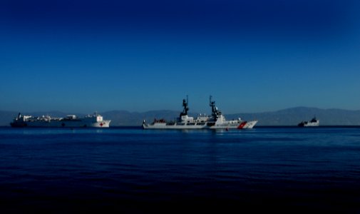 US Navy 100130-N-7948C-026 he U.S. Coast Guard Cutter Hamilton (WHEC 715), center, transits past the Military Sealift Command hospital ship USNS Comfort (T-AH 20)