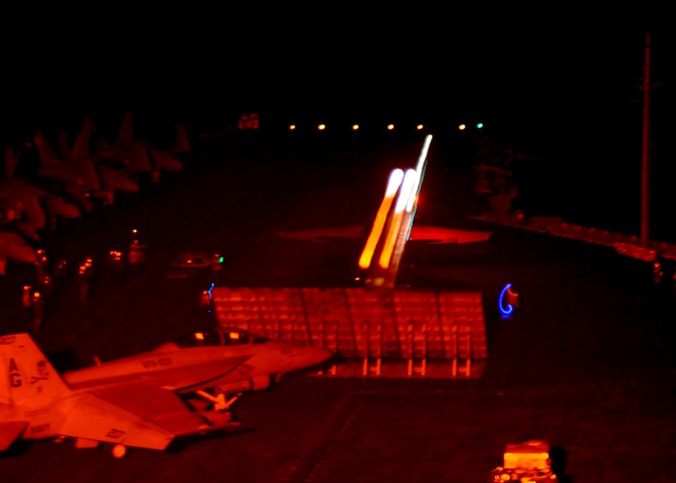 US Navy 100202-N-4236E-131 An F-A-18C Hornet, assigned to Wildcats of Strike Fighter Squadron (VFA) 131 launches from the Nimitz-class aircraft carrier USS Dwight D. Eisenhower (CVN 69)