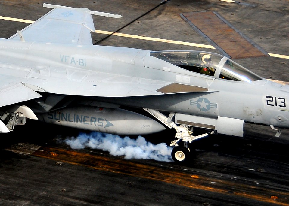 US Navy 100204-N-4774B-459 An F-A-18 Super Hornet assigned to the Sunliners of Strike Fighter Squadron (VFA) 81 prepares to land aboard the Nimitz-class aircraft carrier USS Carl Vinson (CVN 70)