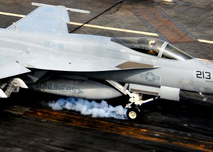 US Navy 100204-N-4774B-459 An F-A-18 Super Hornet assigned to the Sunliners of Strike Fighter Squadron (VFA) 81 prepares to land aboard the Nimitz-class aircraft carrier USS Carl Vinson (CVN 70)