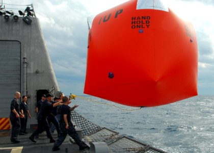 US Navy 100204-N-7058E-748 Sailors launch a Killer Tomato target from the littoral combat ship USS Freedom (LCS 1) before a surface gunnery exercise off the coast of Florida