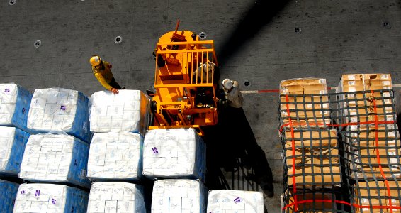 US Navy 100203-N-5214S-011 Sailors and Marines prepare to load pallets of water on a helicopter bound for Haiti aboard the multi-purpose amphibious assault ship USS Bataan (LHD 5)