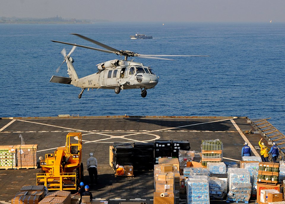 US Navy 100205-N-1082Z-005 An MH-60S Sea Hawk helicopter assigned to Helicopter Sea Combat Squadron (HSC) 28, takes off from the amphibious dock landing ship USS Ashland (LSD 48)