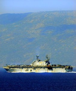 US Navy 100203-N-5214S-116 The amphibious assault ship USS Nassau (LHA 4) operates off the coast of Baie de Grand Goave, Haiti