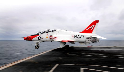 US Navy 100205-N-9928E-178 apt. Joseph W. Kuzmick, from Bremerton, Wash., commanding officer of the Nimitz-class aircraft carrier USS John C. Stennis (CVN 74), launches from the ship in a T-45C Goshawk