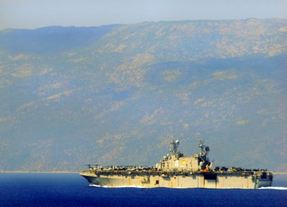 US Navy 100203-N-5214S-115 The amphibious assault ship USS Nassau (LHA 4) operates off the coast of Baie de Grand Goave, Haiti