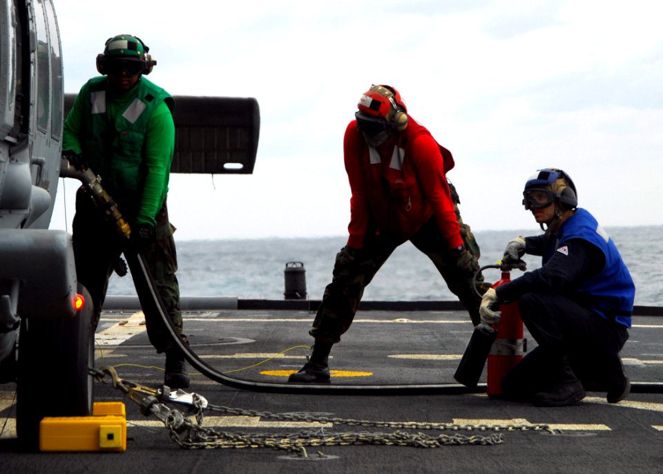 US Navy 100204-N-7058E-282 ailors perform a hot refueling on an MH-60S Sea Hawk helicopter aboard the littoral combat ship USS Freedom (LCS 1) during pre-deployment workups