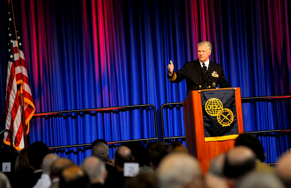 US Navy 100204-N-8273J-212 Chief of Naval Operations (CNO) Adm. Gary Roughead delivers remarks during the Armed Forces Communications and Electronics Association and U.S. Naval Institute West Conference in San Diego