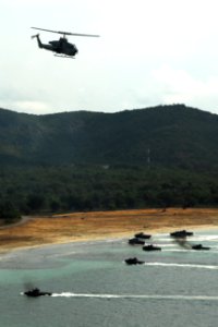 US Navy 100204-N-7843A-106 An AH-1W Super Cobra assigned to the Air Combat Element of the 31st Marine Expeditionary Unit (31st MEU) provides close air support to U.S. and Thai amphibious Assault vehicles photo