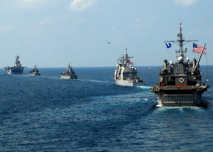 US Navy 100208-N-6692A-057 he amphibious assault ship USS Essex (LHD 2) leads U.S., Thai and Korean ships in formation during Cobra Gold (CG) 2010