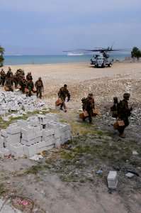 US Navy 100206-N-2735T-030 Marines from the 22nd Marine Expedition Unit (22nd MEU) carry supplies from a CH-53E Sea Stallion helicopter after arriving at the Civilian Military Operations Center in Carrefour, Haiti