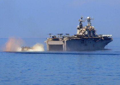 US Navy 100208-N-1082Z-030 The multi-purpose amphibious assault ship USS Nassau (LHA 4) prepares to receive a landing craft air cushion (LCAC)