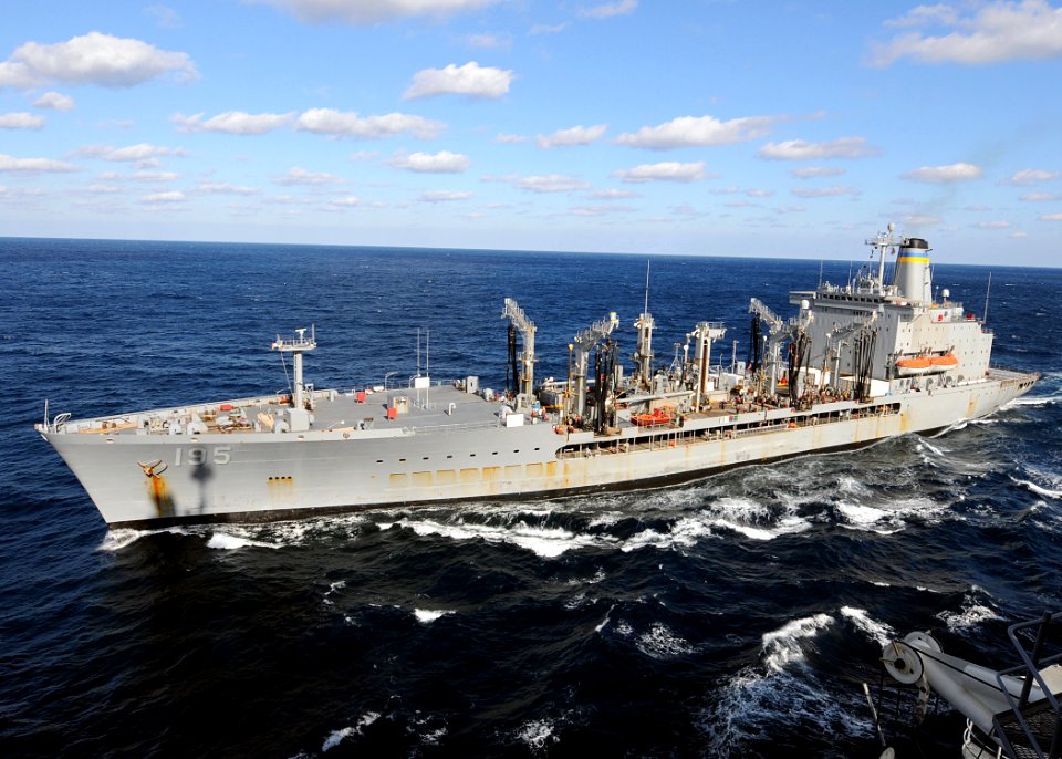 US Navy 100208-N-3885H-141 The Military Sealift Command fleet replenishment oiler USNS Leroy Grumman (T-AO 195) breaks away from the aircraft carrier USS George H.W. Bush (CVN 77)