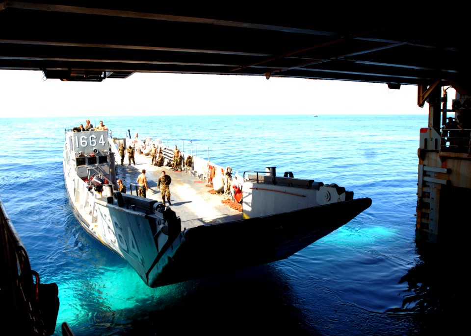 US Navy 100209-N-4971L-029 A landing craft utility departs the amphibious dock landing ship USS Fort McHenry (LSD 43)