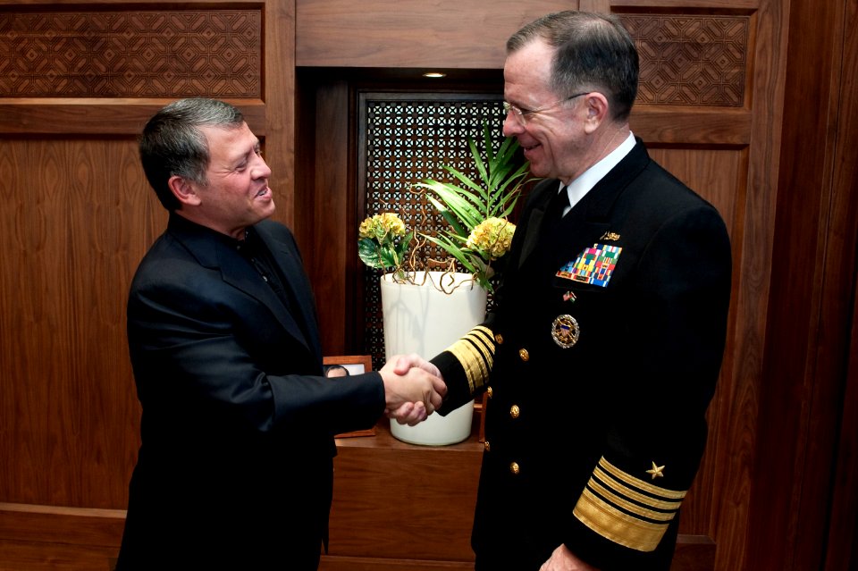 US Navy 100216-N-0696M-085 Majesty King Abdullah of Jordan, left, greets Adm. Mike Mullen, chairman of the Joint Chiefs of Staff