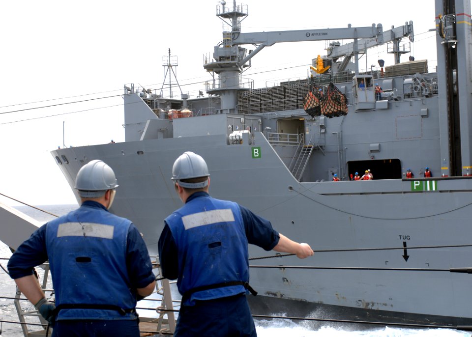 US Navy 100209-N-7088A-095 Operations Specialist Seaman Douglas McMullen and Operations Specialist Seaman Luke Henry observe the transfer of supplies during an underway replenishment