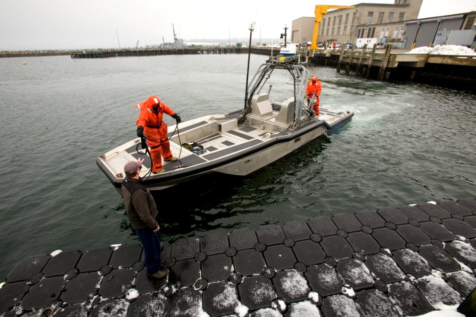 US Navy 100216-N-2606A-002 Sonar Technician (Surface) 2nd Class Brad Goss and Sonar Technician (Surface) 1st Class Anthony Craig perate an unmanned surface vehicle