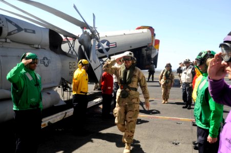 US Navy 100216-N-6604E-330 Vice Chief of Naval Operations (VCNO) Adm. Jonathan W. Greenert arrives aboard the aircraft carrier USS Dwight D. Eisenhower (CVN 69)