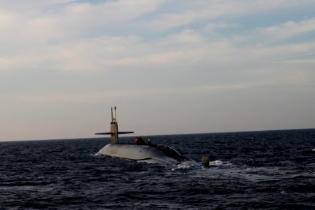 US Navy 100216-N-1255R-307 USS Maryland (SSBN 738)(G) transits the Atlantic Ocean during its 55th strategic deterrent patrol