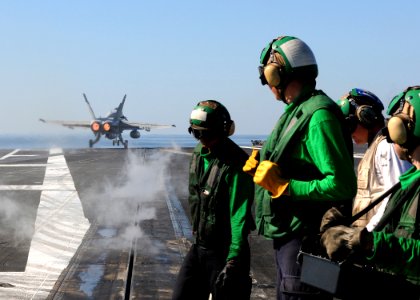 US Navy 100220-N-4236E-159 An F-A-18C Hornet assigned to the Wildcats of Strike Fighter Squadron (VFA) 131, launches from the Nimitz-class aircraft carrier USS Dwight D. Eisenhower (CVN 69)