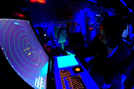 US Navy 100219-N-2953W-127 Air Traffic Controller Airman Alexis Iliff stands the departure control watch in the carrier air traffic control center aboard USS Carl Vinson (CVN 70)